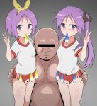  1boy 2girls absurdres blush breasts buruma closed_mouth condom crotchless crotchless_buruma gym_shirt gym_uniform hair_ribbon hand_on_another&#039;s_ass highres hiiragi_kagami hiiragi_tsukasa long_hair looking_at_viewer lucky_star multiple_girls purple_eyes purple_hair pussy red_buruma ribbon shirt short_hair simple_background small_breasts smile twintails used_condom v verseir_001 white_background 