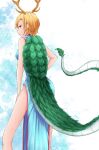  1girl antlers bare_shoulders blonde_hair china_dress chinese_clothes dragon_girl dragon_horns dragon_tail dress horns kicchou_yachie kurono_(lamm) looking_back red_eyes short_hair solo tail touhou turtle_shell yellow_horns 