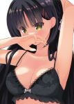  1girl arm_up armpits black_bra black_hair blush bra breasts cafe_stella_to_shinigami_no_chou cleavage collarbone commentary covering_mouth earrings eyes_visible_through_hair fingernails floral_print frilled_bra frills hair_between_eyes hair_ornament hair_over_shoulder hairclip hand_up highres jewelry long_hair looking_at_viewer medium_breasts minase_kaya mole mole_under_eye parted_bangs presenting_armpit rose_print shiki_natsume shy simple_background solo stud_earrings sweat underwear underwear_only upper_body white_background yellow_eyes 