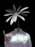  1girl black_background breast_pocket breasts collared_shirt daisy dress_shirt facing_viewer flower hand_up highres monster_girl object_head original oversized_flower pinky_out plant plant_girl pocket shirt short_sleeves simple_background solo string string_of_fate upper_body white_flower white_shirt yiwoo2030 