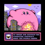  building city cloud commentary drew_wise explosion highres kirby kirby_(series) meta_knight no_humans pixel_art purple_sky sky sun 