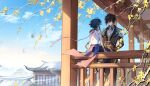  2boys absurdres architecture bishounen blue_sky brown_hair chinese_clothes east_asian_architecture ebf7l from_behind genshin_impact ginkgo_leaf highres leaf male_focus multiple_boys outdoors short_hair sitting sky xiao_(genshin_impact) zhongli_(genshin_impact) 