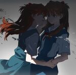  2girls blue_eyes dual_persona grey_background hajikkoneko highres multiple_girls neon_genesis_evangelion open_mouth orange_hair red_ribbon ribbon school_uniform shirt souryuu_asuka_langley tokyo-3_middle_school_uniform white_shirt 