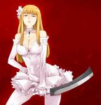  between_breasts blonde_hair breasts choker cleavage detached_sleeves dress earrings flower glaring gloves hair_flower hair_ornament hand_on_hip jack_hamster jewelry large_breasts long_hair machete magical_grim original pinky_out red_eyes solo thighhighs weapon white_legwear 