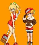  artist_request cosplay costume_switch dress dress_tug embarrassed hand_in_pocket hat hat_tip jacket multiple_girls red_shorts red_skirt rockman rockman_(classic) rockman_dash roll roll_caskett shorts skirt 