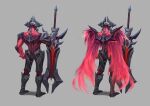  1boy aatrox absurdres armored_boots boots colored_skin davidsyk from_behind full_body grey_background helmet highres holding holding_weapon league_of_legends male_focus multiple_views muscular muscular_male red_skin red_wings simple_background standing weapon wings 