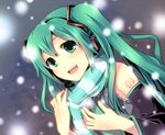  ateru detached_sleeves green_eyes green_hair hatsune_miku headset long_hair necktie scarf smile snow solo striped striped_scarf twintails vocaloid 
