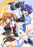  artist_request cross_mirage gun handgun lyrical_nanoha magic_circle mahou_shoujo_lyrical_nanoha_strikers multiple_girls revolver_knuckle subaru_nakajima teana_lanster thighhighs weapon zettai_ryouiki 