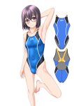  1girl absurdres arm_behind_head barefoot black_hair breasts clothes_writing commentary_request competition_swimsuit covered_navel feet_out_of_frame glasses highres multicolored_clothes multicolored_swimsuit one-piece_swimsuit original red_eyes short_hair simple_background small_breasts solo standing standing_on_one_leg swimsuit takafumi white_background 