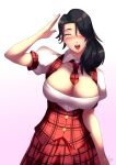  1girl alternate_costume black_hair blush breasts cinder_fall cleavage dress gradient_background hair_over_one_eye haryudanto idol_clothes large_breasts long_hair looking_at_viewer necktie open_mouth plaid plaid_skirt red_dress rwby salute signature skirt smile solo yellow_eyes 