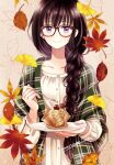  1girl artist_name autumn_leaves black_hair braid buttons closed_mouth collarbone commentary_request dress falling_leaves food food_request fork ginkgo_leaf glasses green_jacket himawari-san himawari-san_(character) holding holding_fork holding_plate jacket leaf leaf_background long_hair long_sleeves looking_at_viewer maple_leaf open_clothes open_jacket plaid plaid_jacket plate purple_eyes red-framed_eyewear signature single_braid smile solo straight-on sugano_manami upper_body white_dress 
