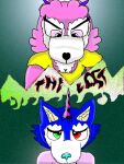 angry anthro black_nose blue_body blue_fur blue_nose book_cover bushfox clothing cover duo female fur green_eyes horn male male/female minerva_sylvenstine pink_body pink_clothing pink_eyes pink_fur pink_shirt pink_topwear red_eyes sad shirt teracea_bush topwear unifox unifox100 white_body white_fur yellow_clothing yellow_shirt yellow_topwear