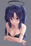  1girl black_camisole blue_archive blush breasts camisole cleavage closed_mouth collarbone grey_background halo highres large_breasts long_hair looking_at_viewer ly_7317 mechanical_halo purple_eyes purple_hair simple_background solo two_side_up upper_body yuuka_(blue_archive) 
