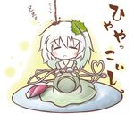  bad_id bad_pixiv_id blouse blush closed_eyes eating food hat hat_ribbon komeiji_koishi leaf ribbon sauce seiza short_hair simple_background sitting skirt sleeping sleeping_upright solo south114 soy_sauce sun_hat third_eye tofu touhou white_hair 