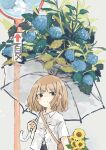  1girl absurdres black_eyes brown_hair flower highres hydrangea looking_at_viewer original sasaxxxx06 short_hair solo sunflower transparent transparent_umbrella umbrella 