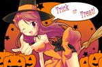  broom brown_eyes brown_hair hairband halloween hat idolmaster idolmaster_(classic) idolmaster_2 jack-o'-lantern long_hair minase_iori one_eye_closed orange_skirt pointing pumpkin ryusei2u skirt solo trick_or_treat witch_hat 