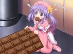  ahoge blush chocolat_maid_cafe_curio chocolate chocolate_bar eating game_cg hat minigirl nekonyan obi saliva sash solo surprised sweatdrop 