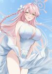  1girl ahoge blue_archive blue_sky blush bow braid breasts commentary day dress dress_tug filha green_eyes hair_between_eyes hair_bow halo hanako_(blue_archive) highres huge_breasts long_dress long_hair marilyn_monroe open_mouth pink_hair pink_halo sky smile solo thighs white_bow white_dress 