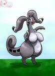 antennae_(anatomy) belly big_belly big_breasts big_eyes black_eyes breasts busty_feral female feral generation_6_pokemon god-ale goodra grey_body grey_skin hi_res humanoid kitamanchas nintendo open_mouth pokemon pokemon_(species) simple_background solo thick_thighs wide_hips
