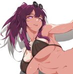  1girl :d bare_shoulders bikini black_bikini breasts commentary_request drop_shadow highres honkai:_star_rail honkai_(series) kafka_(honkai:_star_rail) kili_kilio large_breasts long_hair navel open_mouth ponytail purple_eyes purple_hair smile solo stomach swimsuit underboob upper_body white_background 