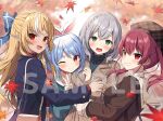  4girls :d ;) animal_ears autumn_leaves bag beret black_jacket black_shirt blonde_hair blue_hair blurry blurry_background blush braid breasts brown_eyes brown_headwear brown_jacket closed_mouth collarbone commentary_request dark-skinned_female dark_skin depth_of_field green_eyes grey_hair grin hair_between_eyes hand_up handbag hat heterochromia hololive hololive_fantasy houshou_marine jacket korean_commentary leaf long_hair long_sleeves maple_leaf mauve medium_breasts multicolored_hair multiple_girls one_eye_closed plaid_headwear pointy_ears puffy_long_sleeves puffy_sleeves rabbit_ears red_eyes red_hair sailor_collar sample_watermark shiranui_flare shirogane_noel shirt short_eyebrows shoulder_bag sleeves_past_wrists smile streaked_hair thick_eyebrows twintails usada_pekora very_long_hair virtual_youtuber watermark white_hair white_sailor_collar 