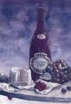  artworksmil bottle cheese food food_focus fruit grapes lime_(fruit) no_humans original painting_(medium) realistic signature still_life table_knife traditional_media wine_bottle 