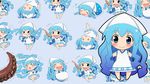  &gt;_&lt; :d :t blanket blue_eyes blue_hair chibi closed_eyes dress gradient_hair happy hat highres ikamusume long_hair mameshiba mini-ikamusume multicolored_hair multiple_views o_o open_mouth shinryaku!_ikamusume shrimp sleeping smile tentacle_hair tentacles trembling upside-down wallpaper 