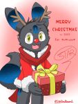 2023 ambiguous_gender anthro biped black_body black_ear_tips black_ears black_fur black_nose black_tail blue_body blue_ears blue_fur blue_markings canid canine canis christmas christmas_clothing clothing clown_nose ear_markings ears_up eeveelution facial_markings forehead_markings fur generation_2_pokemon gift_box head_markings headgear headwear hi_res holding_object holidays looking_at_viewer mammal markings multicolored_body multicolored_ears multicolored_fur multicolored_tail nintendo pokemon pokemon_(species) reindeer_antlers ring_(marking) ringtail scarf shiny_pokemon simple_background smile solo star_(star_umbreon) star_umbreon tail tail_markings text two_tone_body two_tone_ears two_tone_fur two_tone_tail umbreon yellow_eyes