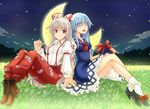  blue_hair bow crossed_legs fujiwara_no_mokou hair_bow hair_ribbon hat highres kamishirasawa_keine long_hair mickey_dunn moon multiple_girls pants red_eyes ribbon silver_hair sitting suspenders touhou 