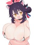  1girl absurdres ahoge animal_ears animal_print areola_slip black_hair blue_archive blush breasts cleavage commentary cow_print english_commentary fang hair_between_eyes hair_bun halo highres huge_breasts kaede_(blue_archive) lk149 looking_at_viewer navel open_mouth pink_halo short_hair simple_background single_side_bun smile solo white_background yellow_eyes 