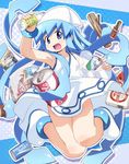  blue_eyes blue_hair bottle bracelet brand_name_imitation can dress hat highres hiro_hiroki ikamusume jewelry log long_hair magazine prehensile_hair shinryaku!_ikamusume solo tentacle_hair tentacles 