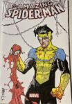  1boy black_hair blood blood_on_clothes blood_on_face blood_on_hands broken_eyewear commentary commission crossover english_commentary frown highres invincible_(character) invincible_(series) male_focus marker_(medium) marvel photo_(medium) ryan_ottley signature solo spider-man spider-man_(series) torn_clothes traditional_media 