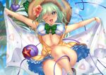  ;d alternate_costume bikini blue_bikini blue_sky blurry blurry_background bow bracelet breasts brown_headwear cleavage commentary_request flower frilled_bikini frills green_bow green_eyes green_hair hair_flower hair_ornament hat heart jewelry komeiji_koishi komeiji_koishi_(the_excited_eyes_of_love) large_breasts leg_up lens_flare looking_at_viewer one_eye_closed open_mouth outdoors outstretched_arms palm_tree parasol plaid plaid_bikini red_flower short_hair shounen_(hogehoge) sky smile starfish straw_hat swimsuit teeth third_eye touhou touhou_lost_word towel tree umbrella upper_teeth_only variant_set 