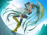  aqua_hair arbre_lache bikini bloom boots day detached_sleeves green_footwear hatsune_miku headphones highres hima_(ab_gata) knee_boots legs long_hair necktie rubber_boots solo striped striped_bikini striped_legwear swimsuit thighhighs twintails umbrella very_long_hair vocaloid 