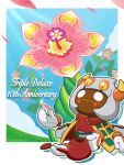  anniversary artist_name blue_sky border closed_mouth cloud commentary_request copyright_name dark_skin disembodied_limb falling_petals fangs flower glint gloves highres horns kashiwa_(ksw04270mochi) kirby:_triple_deluxe kirby_(series) multiple_hands outside_border petals pink_flower sky taranza twitter_username white_border white_eyes white_gloves 