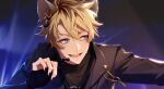  13_(bbr584607091) 1boy alternate_costume animal_ear_fluff animal_ears black_jacket black_nails black_shirt blonde_hair blue_background blue_eyes commentary earpiece extra_ears gradient_background highres hyena_boy hyena_ears jacket looking_to_the_side male_focus microphone nail_polish open_mouth portrait ruggie_bucchi shirt short_hair smile solo symbol-only_commentary twisted_wonderland upper_body 
