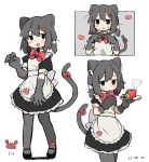  156m 1girl :3 animal_ears animal_hands apron back_bow black_dress black_footwear black_hair blush blush_stickers bow brown_eyes cat_ears cat_girl cat_paws cat_tail cowboy_shot dated double-parted_bangs dress drink finger_heart full_body highres low_twintails maid maid_apron mary_janes multiple_views non-web_source open_mouth original puffy_sleeves shoes short_sleeves short_twintails simple_background sleeve_cuffs tail tail_bow tail_ornament tray twintails upper_body white_apron white_background 