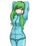  frog_hair_ornament green_eyes hair_ornament kochiya_sanae long_hair one_eye_closed solo touhou track_suit yellow_eyes 