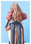  1girl arm_guards ass automatic_giraffe blue_background border brown_hair commentary fire_emblem fire_emblem_fates from_behind gradient_background hairband hana_(fire_emblem) hand_on_own_hip highres long_hair outside_border simple_background solo white_border white_hairband 