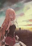  1girl absurdres arm_cutout arms_at_sides black_shirt black_thighhighs blonde_hair blue_eyes braid building cityscape cloud cloudy_sky commentary cowboy_shot from_side hair_between_eyes highres ia_(vocaloid) kabuyama_kaigi long_hair long_sleeves looking_at_viewer looking_to_the_side morning on_rooftop outdoors pink_skirt rooftop shirt side_braids skirt sky skyscraper smile solo standing thighhighs urban very_long_hair vocaloid 