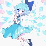  1girl ;d ahoge aqua_dress artist_name belt blue_bow blue_footwear blue_hair blue_ribbon bobby_socks bow cirno commentary_request crystal dress foot_out_of_frame hair_bow hands_up highres light_blue_hair looking_at_viewer m_(m073111) one_eye_closed open_mouth own_hands_clasped own_hands_together puffy_short_sleeves puffy_sleeves ribbon shirt short_hair short_sleeves smile socks solo touhou white_shirt white_socks 