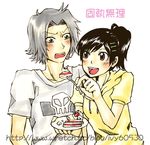  blush brown_eyes brown_hair cake couple feeding fork gokudera_hayato green_eyes hairpins katekyo_hitman_reborn miura_haru ponytail silver_hair 