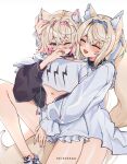  2girls animal_ear_fluff animal_ears blonde_hair blue_eyes blue_hair blush closed_eyes dog_ears dog_girl fuwawa_abyssgard hair_ornament highres hololive hololive_english hug hug_from_behind keisea long_hair mococo_abyssgard multicolored_hair multiple_girls navel open_mouth pink_hair siblings sisters streaked_hair tail twins virtual_youtuber x_hair_ornament 