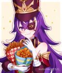  1girl :t absurdres bare_shoulders black_headwear chevreuse_(genshin_impact) commentary_request detached_sleeves food food_on_face french_fries genshin_impact gloves hand_up hat highres holding holding_food long_hair looking_at_viewer multicolored_hair onion_rings pochimaru_(marumaru_wanwan) purple_eyes purple_hair shako_cap solo streaked_hair upper_body very_long_hair white_gloves white_hair 
