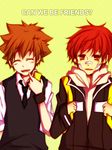  backpack band_aids brown_hair closed_eyes katekyo_hitman_reborn kozato_enma red_eyes redhead sawada_tsunayoshi school_uniform smile 