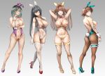  4girls alternate_costume animal_ears armpits arms_behind_head arms_up ass black_footwear black_hair black_leotard bodysuit bow bowtie bra breasts breasts_out brown_hair covered_navel crotchless crotchless_panties cupless_bra detached_collar double_bun elbow_gloves fake_animal_ears fake_tail fishnet_bodysuit fishnet_pantyhose fishnet_thighhighs fishnets gloves gold_bra gold_footwear gold_panties green_footwear green_hairband green_leotard green_nails hair_bun hair_ornament hairband hairclip haruna_(kancolle) hiei_(kancolle) high_heels highleg highleg_leotard highres kantai_collection kirishima_(kancolle) kongou_(kancolle) large_breasts large_pectorals leotard long_hair looking_at_viewer medium_breasts multiple_girls navel nipples panties pantyhose pectorals playboy_bunny purple_eyes purple_hairband pussy rabbit_ears rabbit_tail red_bow red_bowtie red_footwear see-through see-through_leotard short_hair smile strapless strapless_leotard tail thighhighs tororo_ten traditional_bowtie underwear underwear_only very_long_hair white_gloves white_hairband white_thighhighs white_wrist_cuffs 