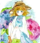  bad_id bad_pixiv_id blonde_hair blue_hair conose dress error flower geta hat long_sleeves moriya_suwako panties pantyshot pantyshot_(sitting) short_hair sitting solo touhou traditional_media underwear watercolor_(medium) 