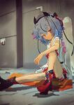  1other absurdres arm_on_knee asymmetrical_footwear black_footwear blue_hair blurry blurry_background boots colored_tips commentary_request dot_mouth expressionless film_grain full_body gynoid_talk hair_flaps highres hikimayu horns kabuyama_kaigi knee_up looking_at_viewer meika_mikoto mismatched_footwear multicolored_hair parking_block parking_lot pink_eyes pink_hair raised_eyebrows red_footwear red_skirt sailor_collar shirt sitting sitting_on_object skirt sleeveless sleeveless_shirt solo streaked_hair vignetting vocaloid white_sailor_collar white_shirt 
