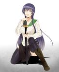  bad_id bad_pixiv_id blue_eyes boots breasts busujima_saeko hands_on_hilt highschool_of_the_dead kneeling large_breasts long_hair mosuko open_mouth purple_hair school_uniform serafuku shadow sheath sheathed side_slit skirt smile solo sword thighhighs very_long_hair weapon zettai_ryouiki 