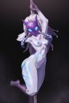  1girl animal_ears arm_up armpits azuuart black_background black_skin blue_nipples body_markings breasts colored_nipples colored_skin foot_out_of_frame glowing glowing_eyes green_eyes grey_hair kindred_(league_of_legends) lamb_(league_of_legends) league_of_legends long_hair looking_at_viewer medium_breasts navel nipples purple_mask sheep_ears shiny_skin solo standing 